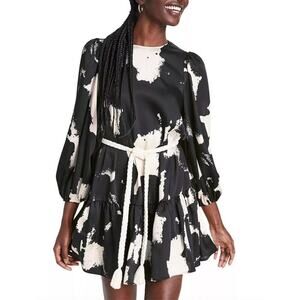 Alexis x Target Long Sleeve Rope Belt Tiered Mini‎ Dress Black White Print, Sz M